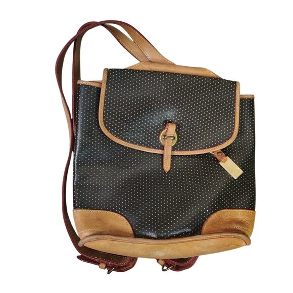 Vtg. Dooney & Bourke Black Tan Leather Backpack Bag, Perforated Adjustable Strap